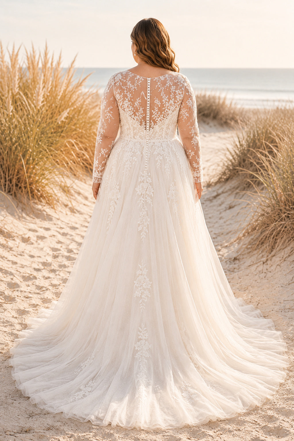 Ivory Plus Size High Neck Illusion Lace A-Line Wedding Dress with Long Sleeves and Train Style MG_700583 back view