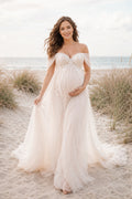 Ivory Maternity Off-the-Shoulder Sweetheart A-Line Wedding Dress with Draped Tulle Train front view