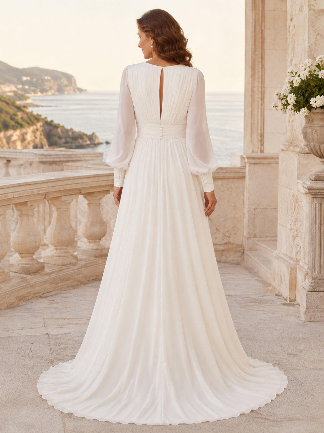 Chiffon Wedding Dress A-Line V-Neck Long Sleeve Chapel Train Keyhole Back Bridal Gown back view