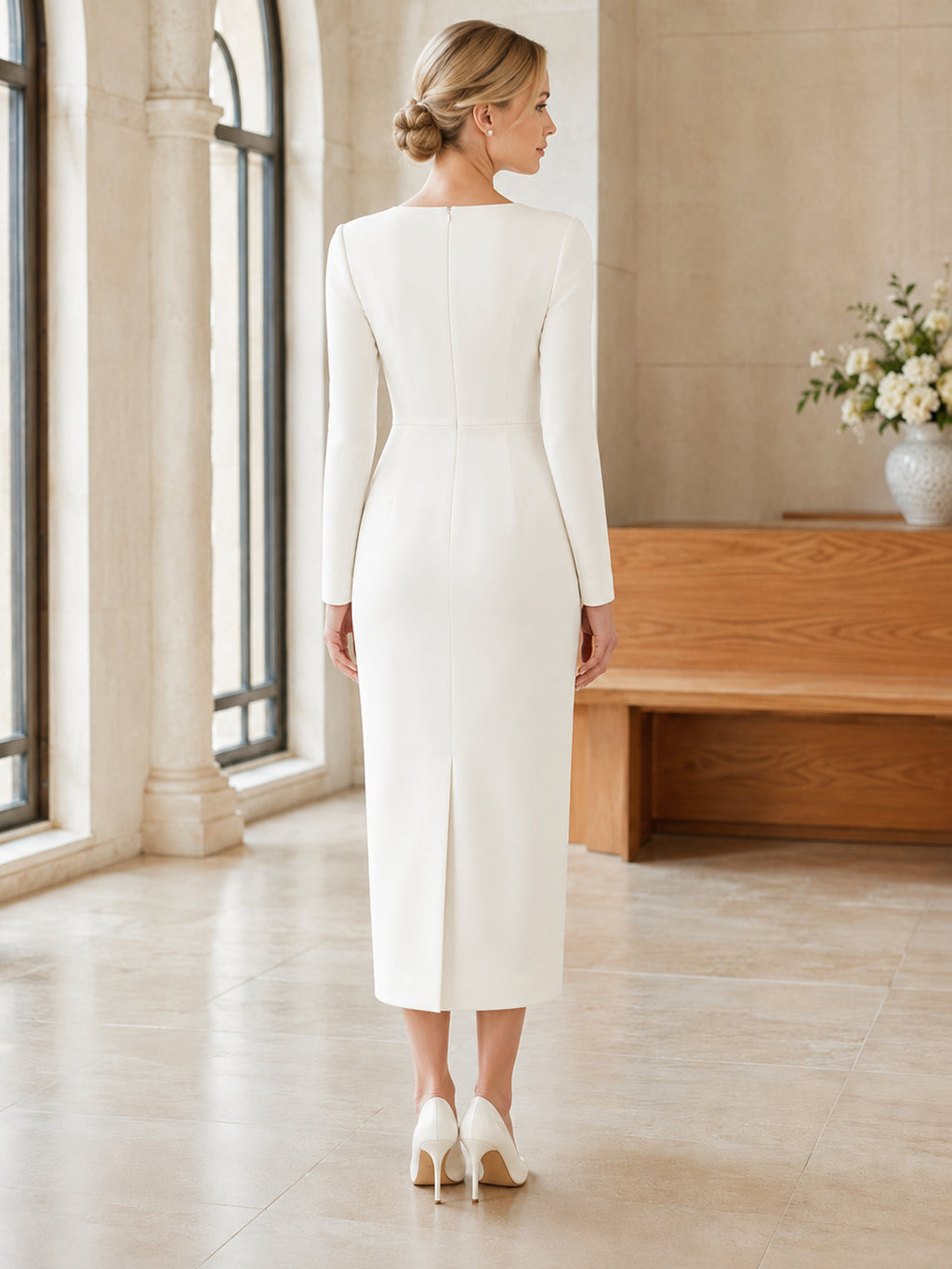 Minimal Square Neck Long Sleeve Satin Sheath Tea Length Standesamt Wedding Dress back view
