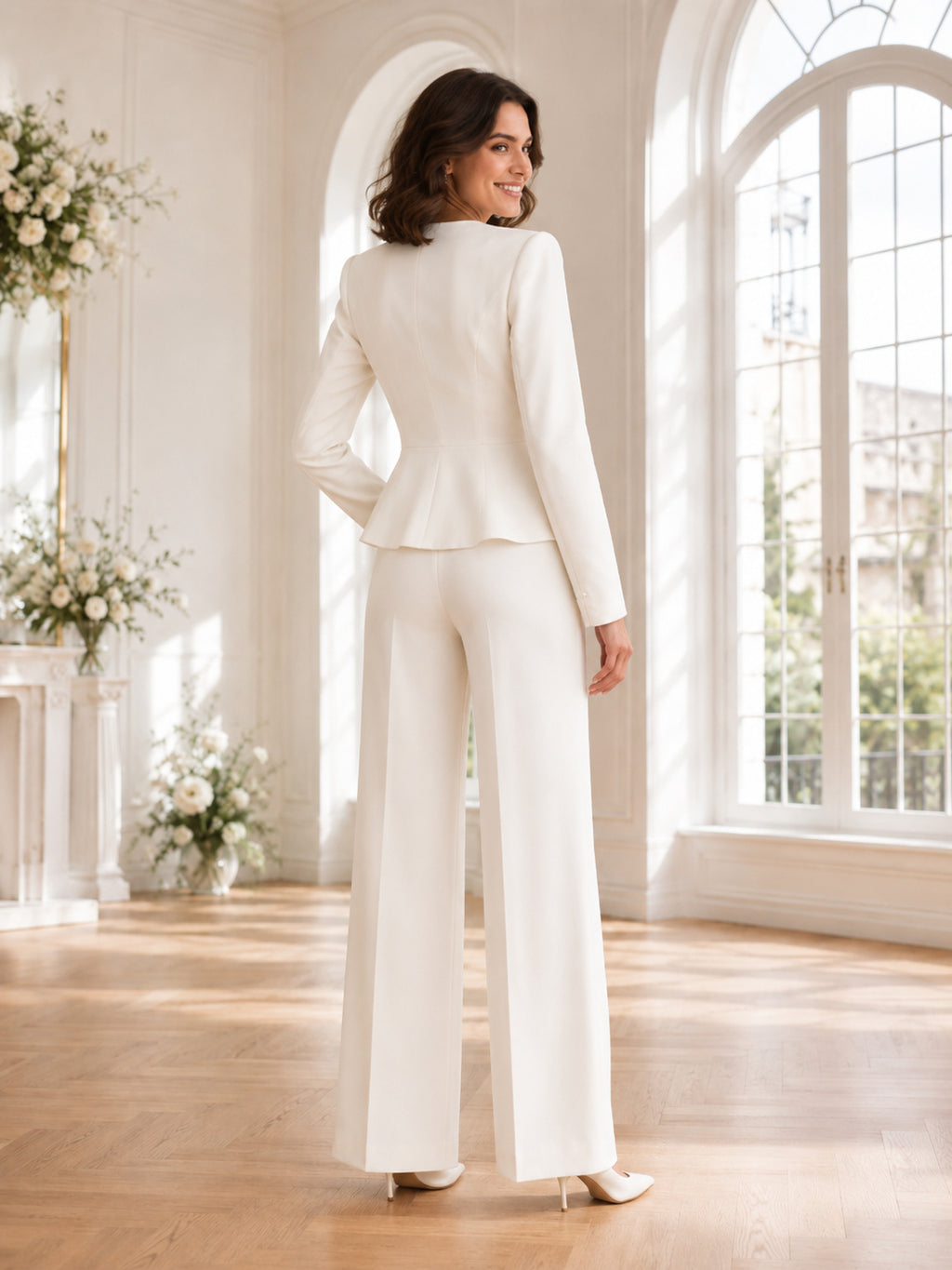 Modern Deep V Neck Peplum Long Sleeve Wide Leg Civil Wedding Pantsuit back view