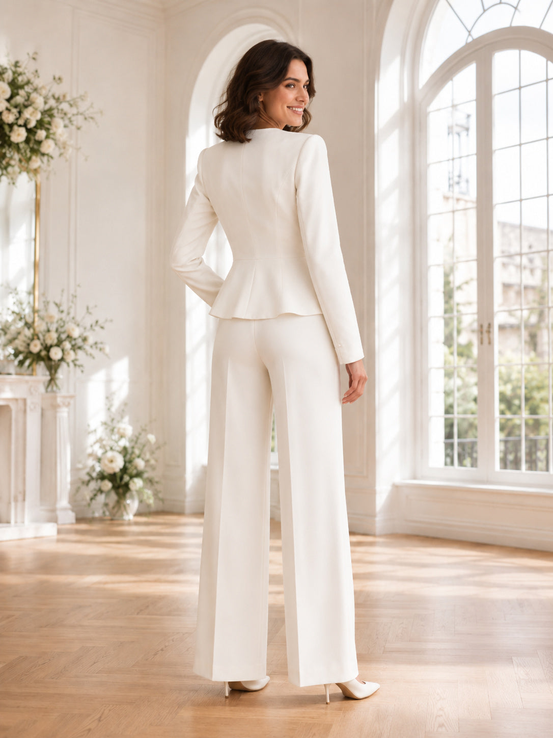 Modern Deep V Neck Peplum Long Sleeve Wide Leg Civil Wedding Pantsuit back view