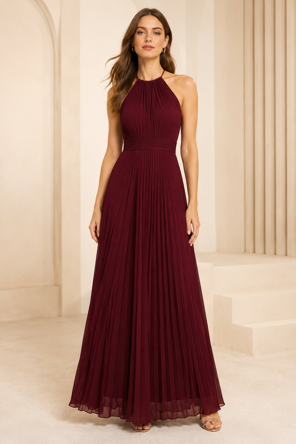 Evening Gown Burgundy Chiffon A-Line Halter Sleeveless Floor Length front view