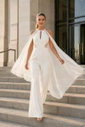 Ivory Halter Bridal Jumpsuit with Sheer Cape Panels and Wide Leg Pants front view