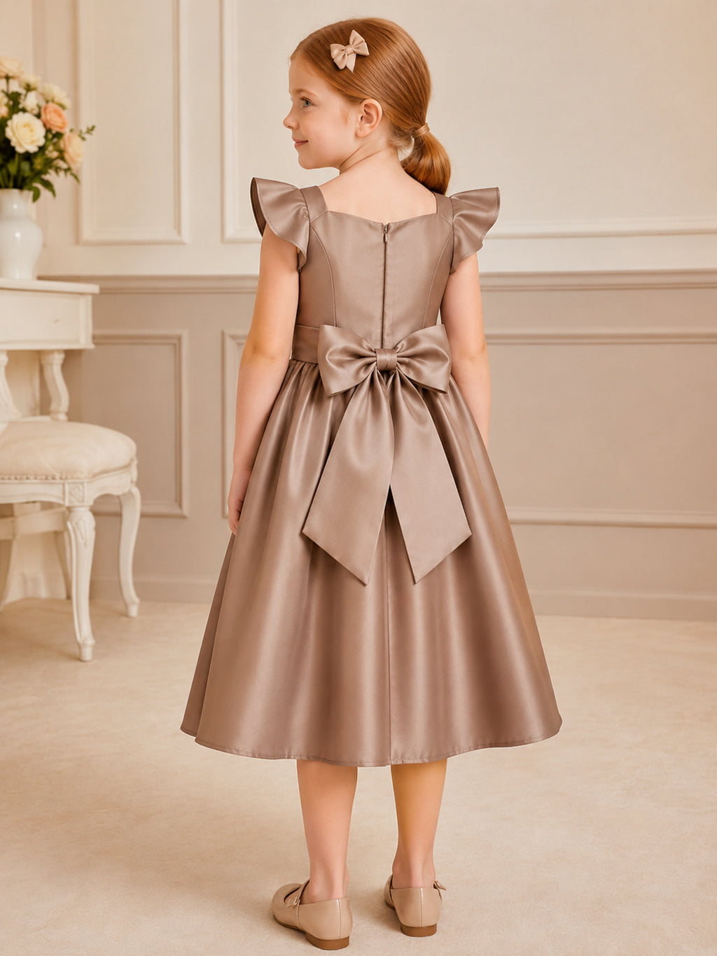 Flower Girl Dress Taupe Satin A-Line Short Sleeve Jewel Neck Tea Length Bow Back back view