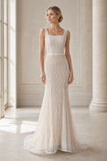 White Scoop Short Sleeves A-Line Chiffon Floor-length Wedding Dress With Front Slit and Beaded Waist and Open Back