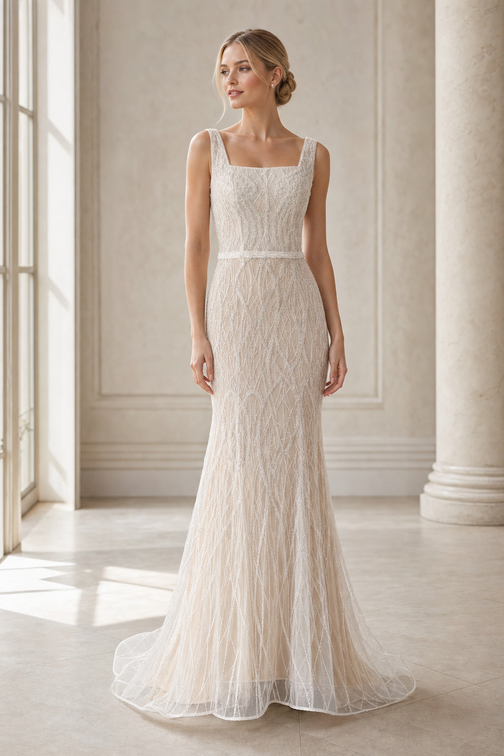 White Scoop Short Sleeves A-Line Chiffon Floor-length Wedding Dress With Front Slit and Beaded Waist and Open Back