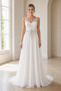 White Bateau Cap Sleeves Sheath Crepe Floor-length Wedding Dress With Beaded Bodice and Pleated Skirt and Open Back