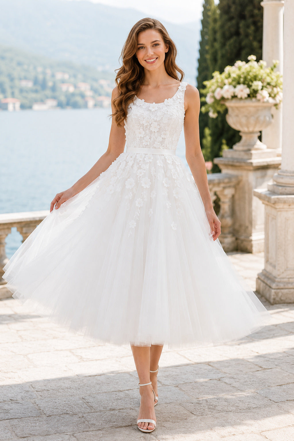 Ivory Sleeveless Lace Bodice Tea-Length Wedding Dress with Tulle Skirt front view