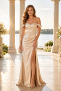 Champagne Off-the-Shoulder Satin Sheath Wedding Dress with Side Split and Ruching front view