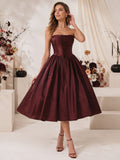 Burgundy Strapless Corset Satin Full Tea Length Guest Dress front view