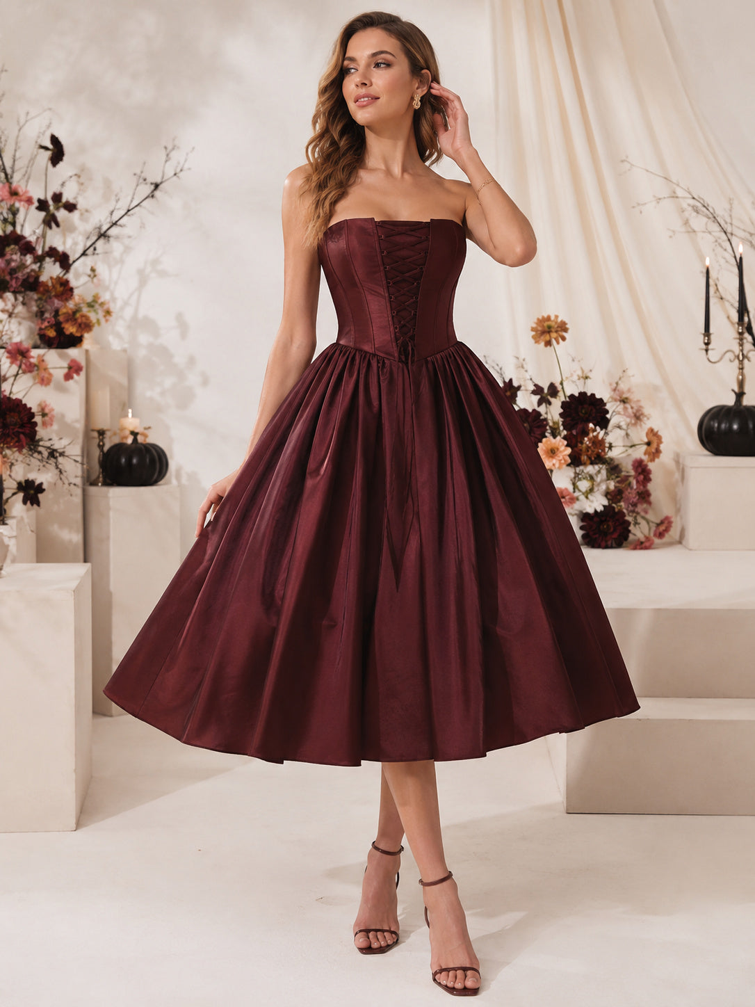 Burgundy Strapless Corset Satin Full Tea Length Guest Dress front view