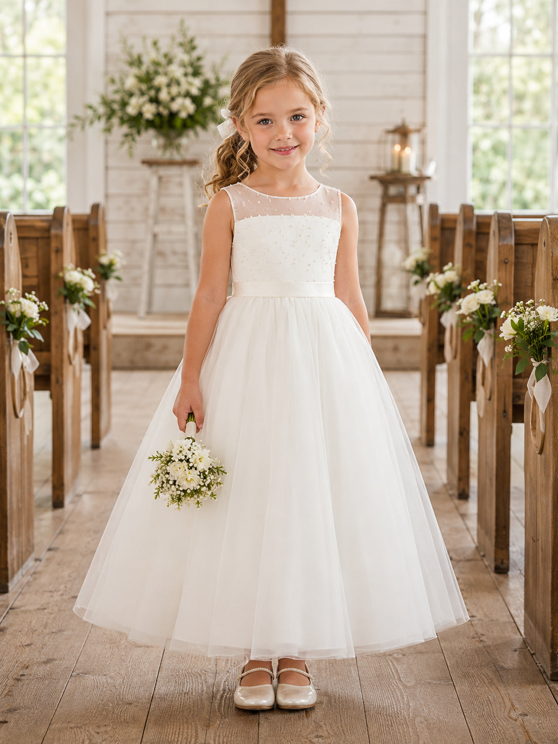 Ivory Flower Girl Dress Ankle-Length Beaded Tulle Ball Gown Illusion Bateau Sleeveless Button Back Satin Bow front view