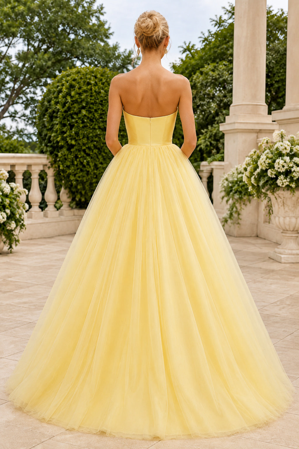 Daffodil Strapless Satin and Tulle Ball Gown with Full Floor-Length Skirt back view