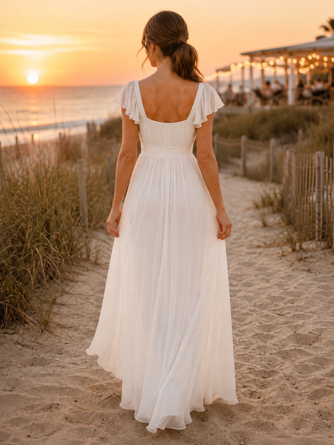 Flutter Sleeve Square Neck Flowing Beach Dinner Maxi Dress back view