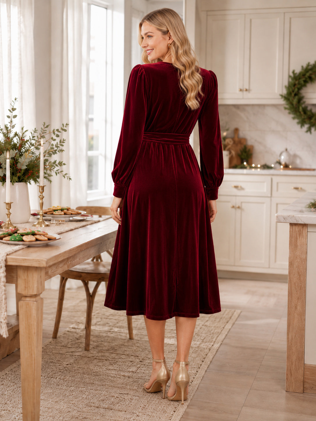 Burgundy Velvet Wrap V Neck Long Sleeve Midi Dress back view