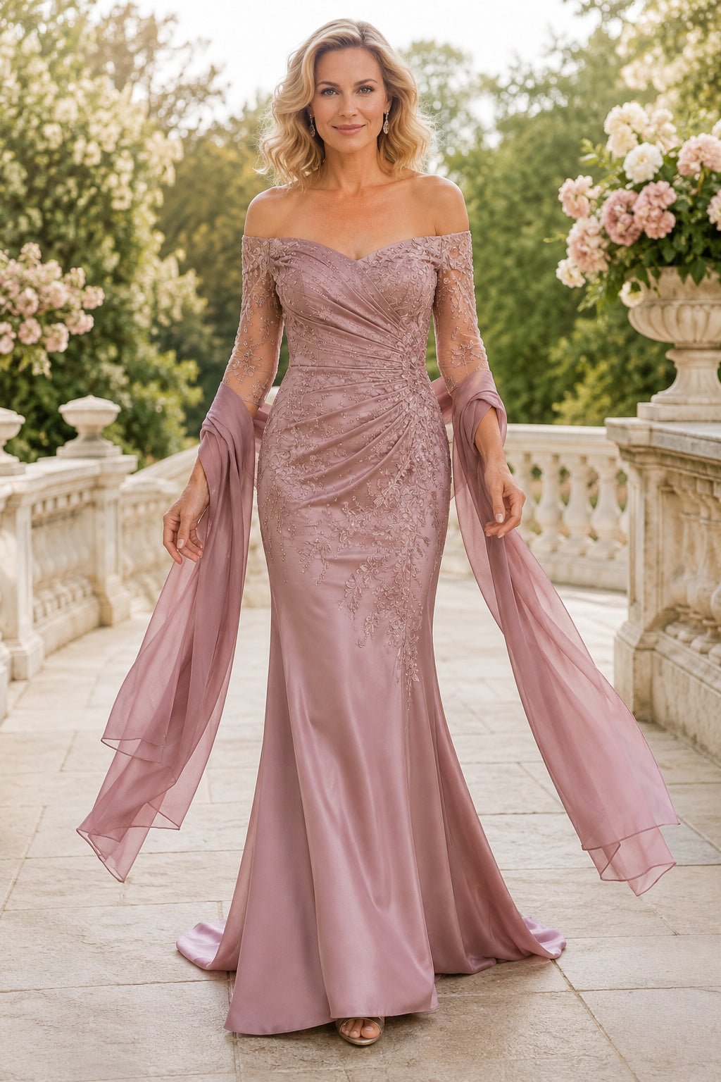 Dusty Rose Off-the-Shoulder Mermaid Mother Dress with Sheer Cape Drape and Ruching front view