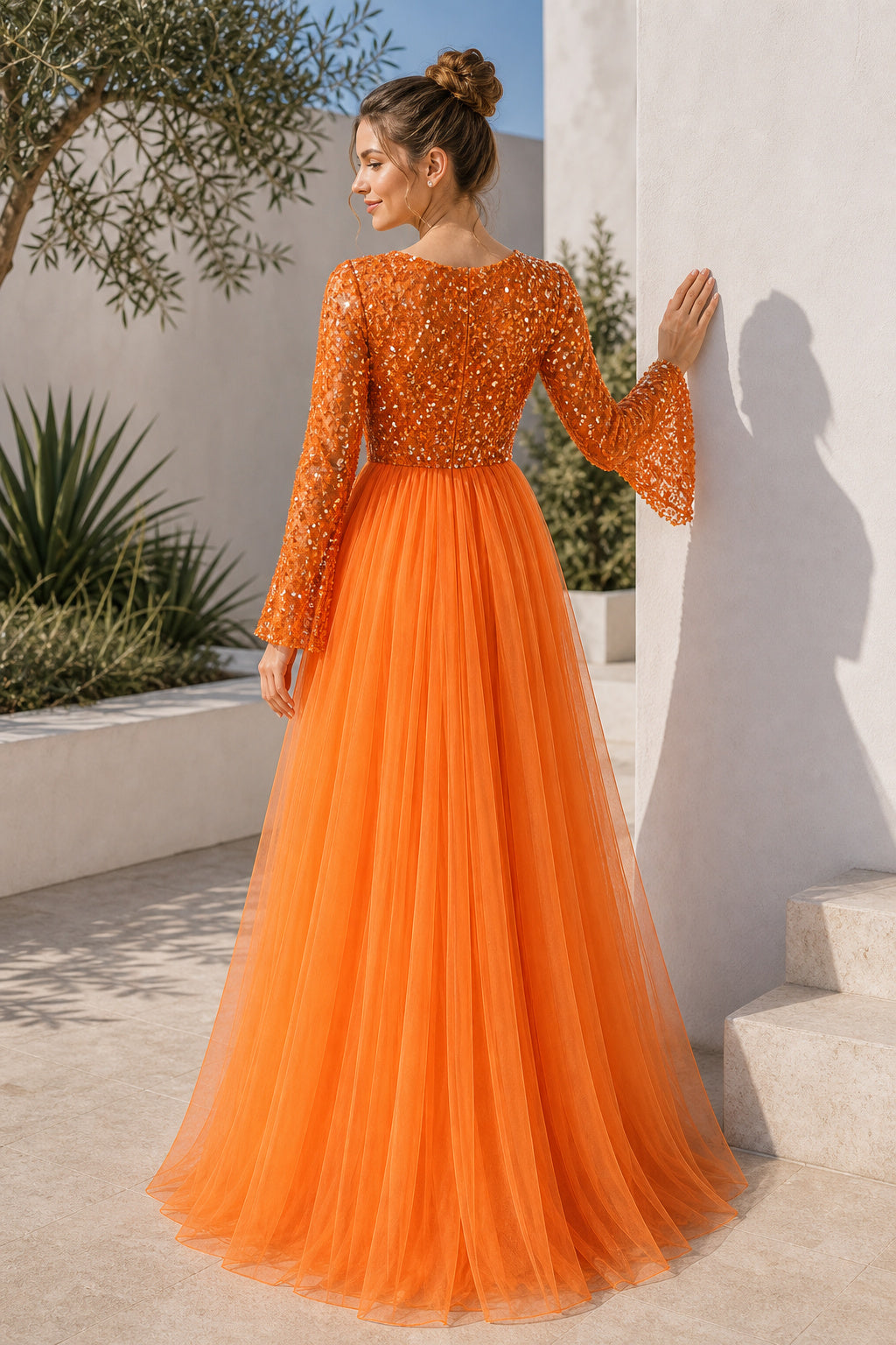 Orange Long Sleeve A-Line Tulle Floor-Length Dress With Sequin Bodice