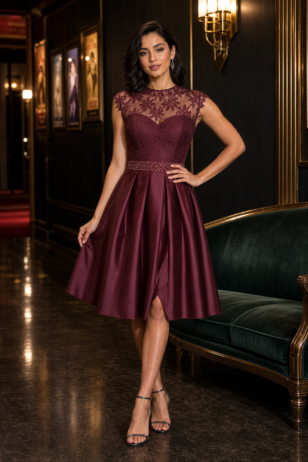 Burgundy Illusion Cap Sleeve A-Line Satin Tea-Length Dress With Lace Bodice