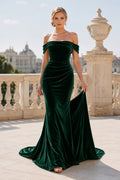 Dark Green Velvet Off The Shoulder Fitted Mermaid Evening Gown With Sweep Train Evening Dress front view