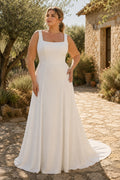 White Square Neck Sleeveless Satin A-Line Wedding Dress with Minimal Skirt and Sweep Train front view