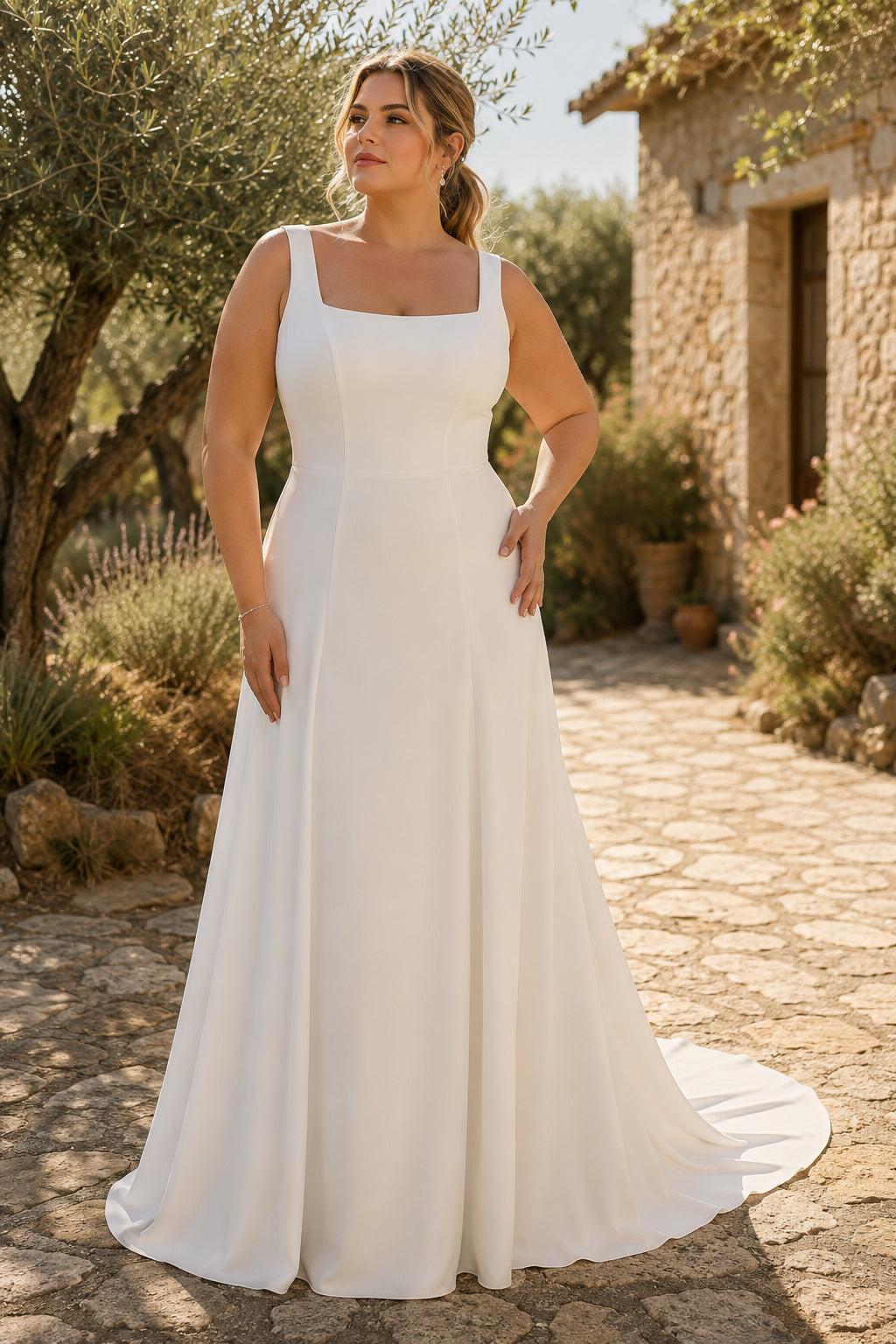 White Square Neck Sleeveless Satin A-Line Wedding Dress with Minimal Skirt and Sweep Train front view