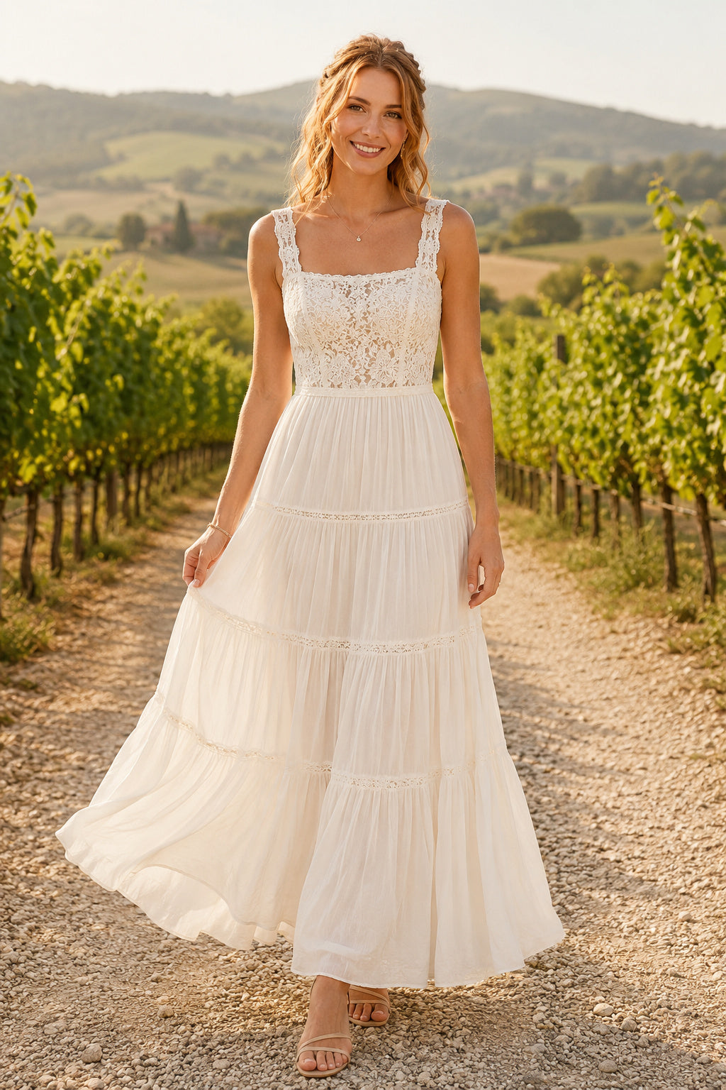Square Neck Sleeveless Tiered A-Line Wedding Dress with Lace Bodice and Ankle Skirt front view