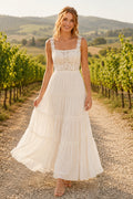 Square Neck Sleeveless Tiered A-Line Wedding Dress with Lace Bodice and Ankle Skirt front view