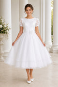 White Puff Sleeve Lace Bodice with Tea Length Tulle Skirt Tea Length A-Line Wedding Dress front view