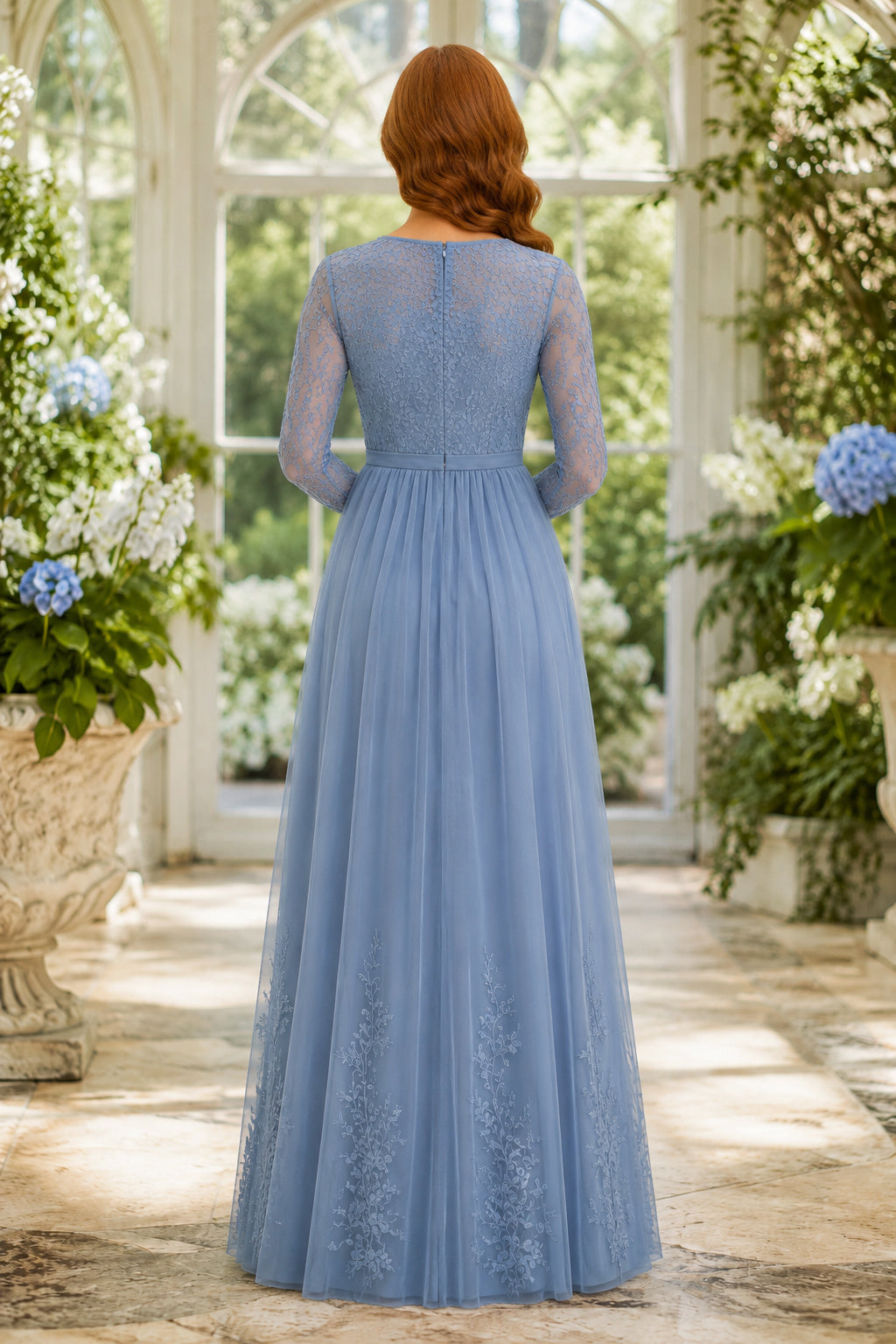 Steel Blue Long Sleeve Lace Mother Dress with Floor Length Skirt Floor Length A-Line Mother Dress back view