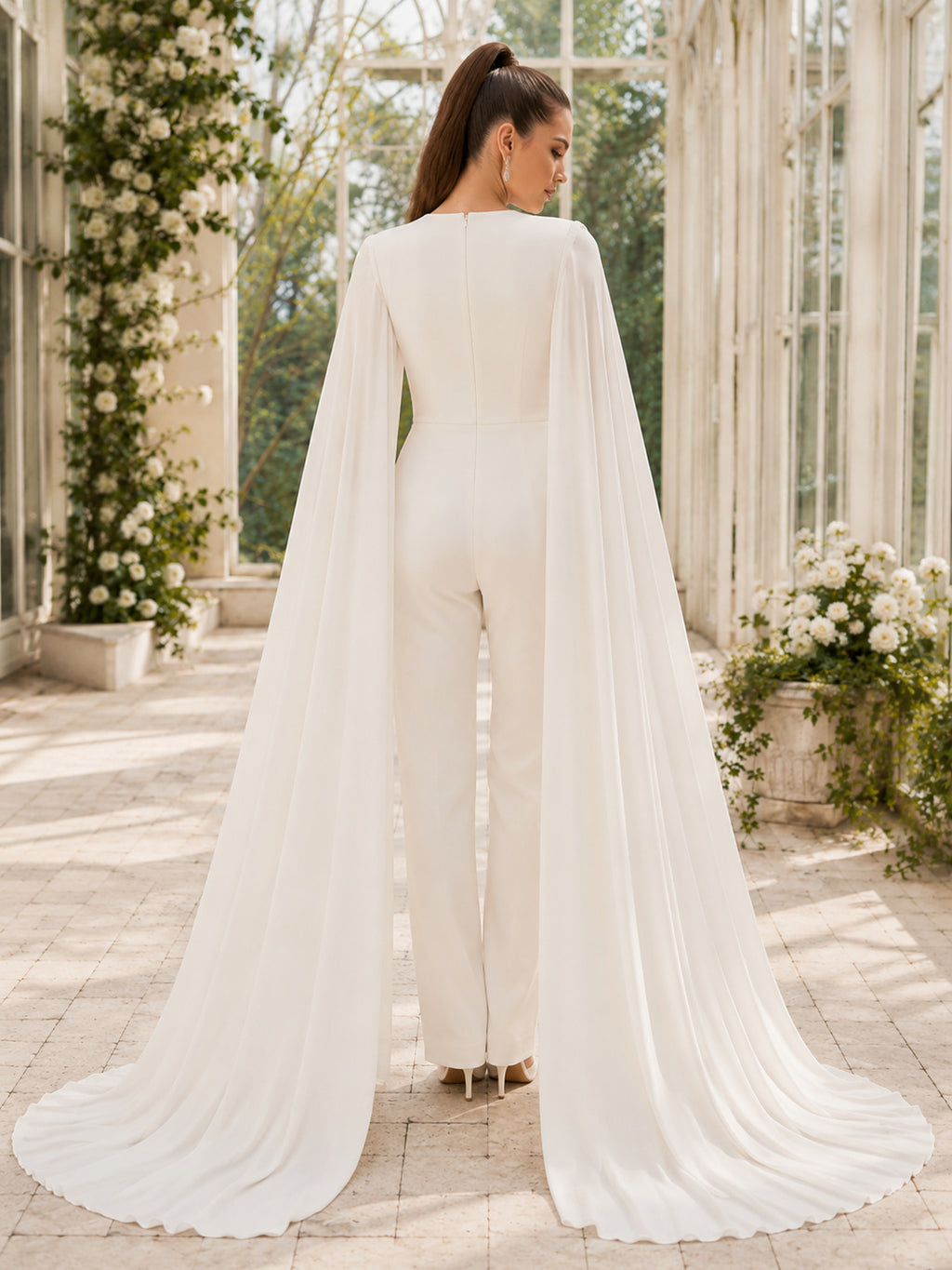 Minimalist Satin Chiffon Wedding Jumpsuit Square Neck Sleeveless Sweep Train back view
