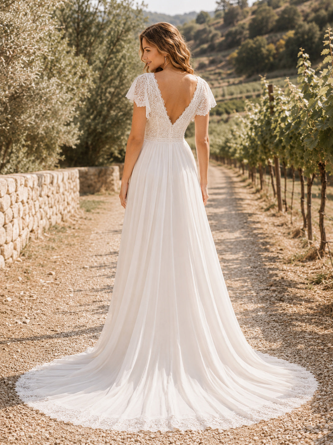 Beach Chiffon Tulle Wedding Dress A-Line V-Neck Flutter Sleeve Floor Length Bridal Gown back view