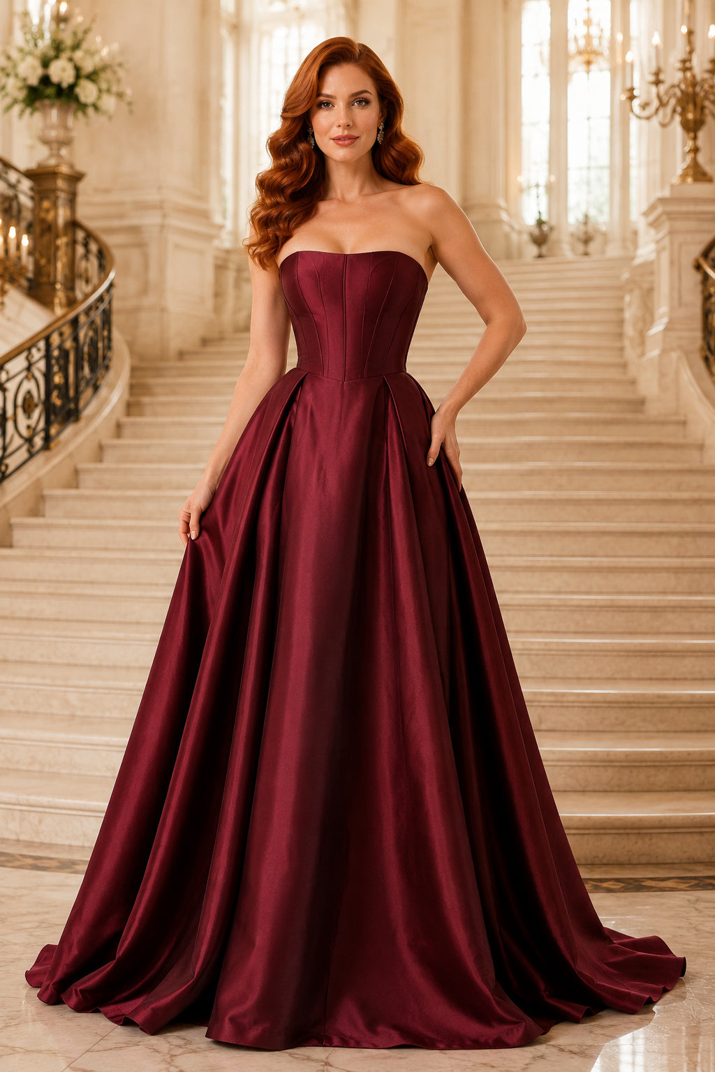 Burgundy strapless satin ball gown with structured bodice and full skirt Floor-length And Sweep/Brush Train Ball Gown Prom Dr
