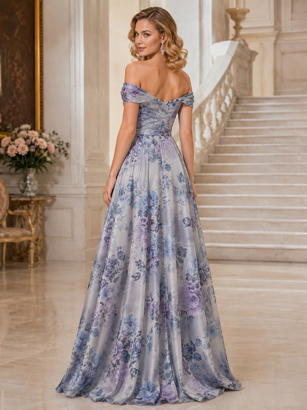 Steel Blue Floral Off Shoulder A Line Chiffon Formal Gown back view