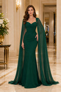Dark Green Strapless Sweetheart Mermaid Evening Gown With Flowing Cape Sleeves Evening Dress front view