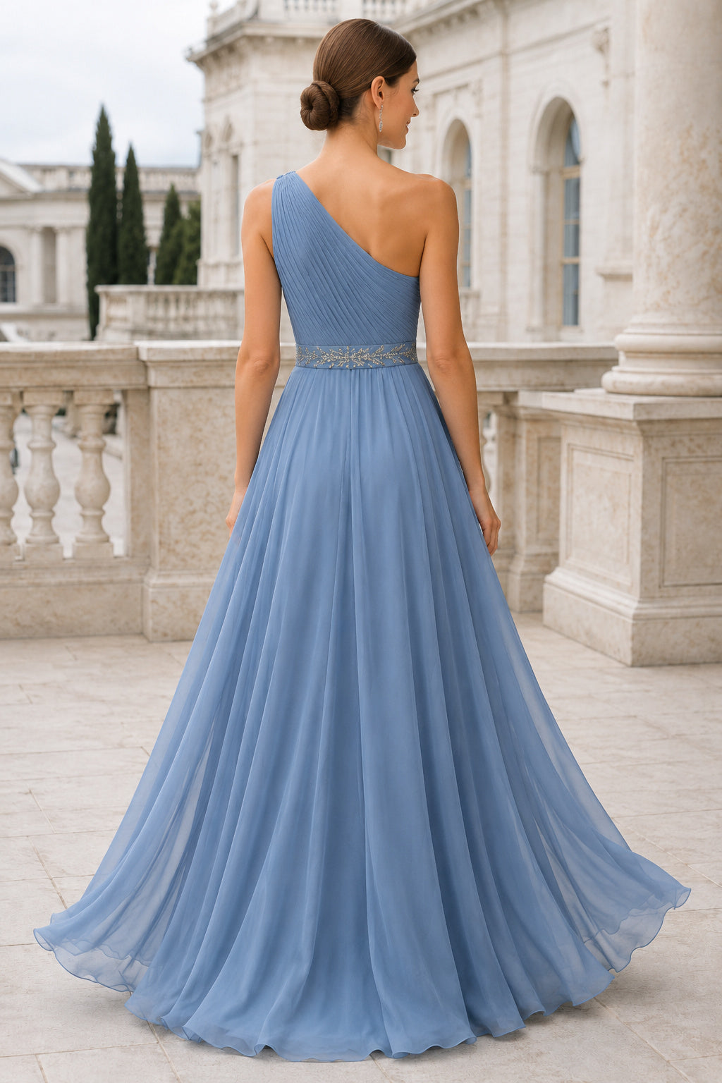 Sky Blue One Shoulder Chiffon A-Line Dress with Beaded Waist back view