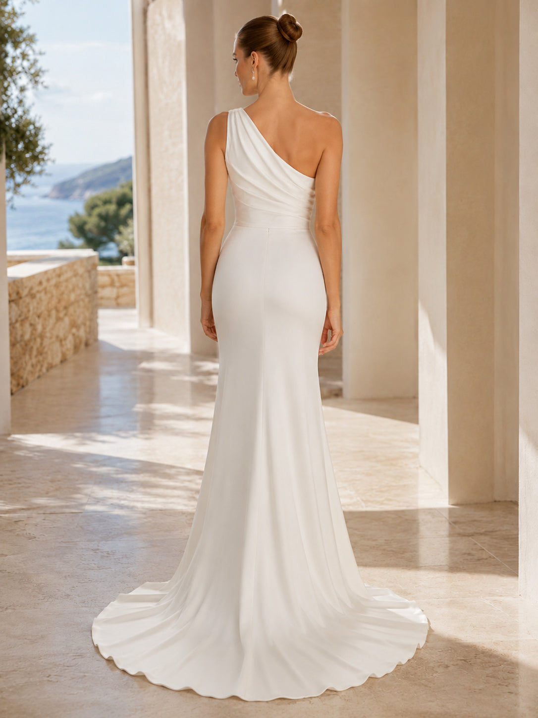 Beach Satin Wedding Dress Sheath One Shoulder Sleeveless Sweep Train with Slit Bridal Gown back view