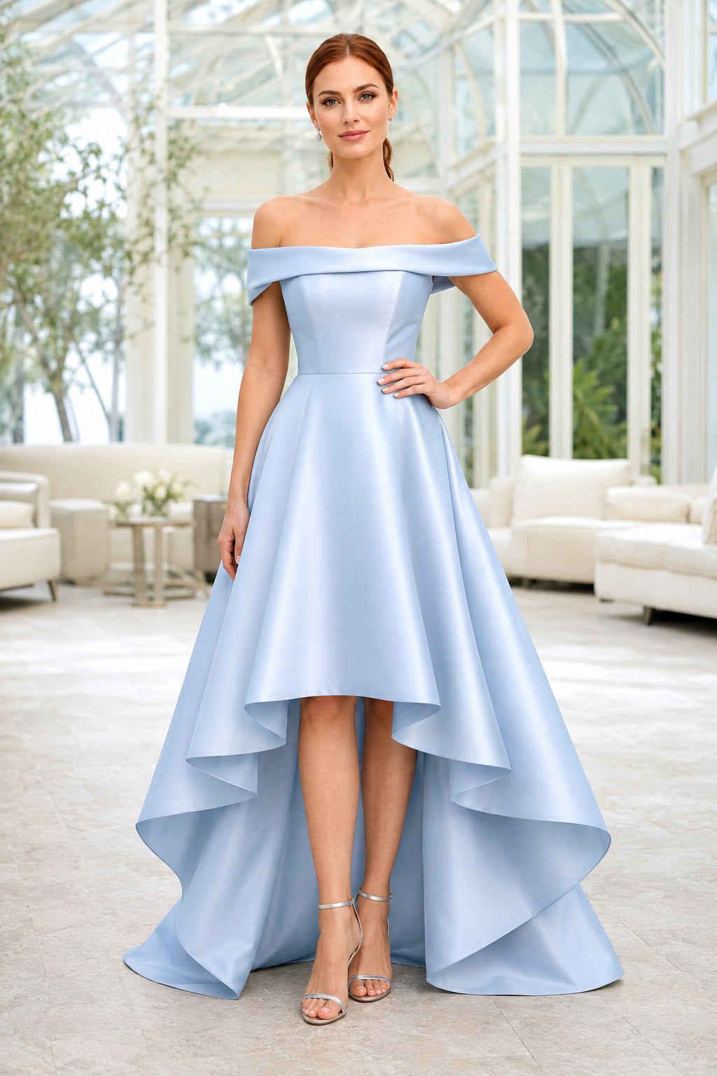Sky Blue Off-the-Shoulder Satin High-Low A-Line Formal Dress with Full Pleated Skirt front view
