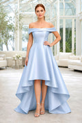 Sky Blue Off-the-Shoulder Satin High-Low A-Line Formal Dress with Full Pleated Skirt front view