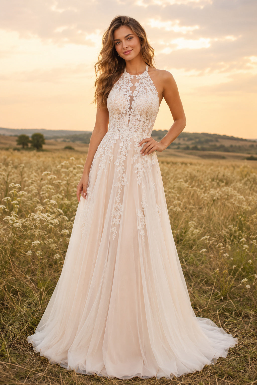 Blushing Pink Boho Halter Neck A-Line Blushing Pink Tulle Wedding Dress with Halter Straps and Sweep Train front view