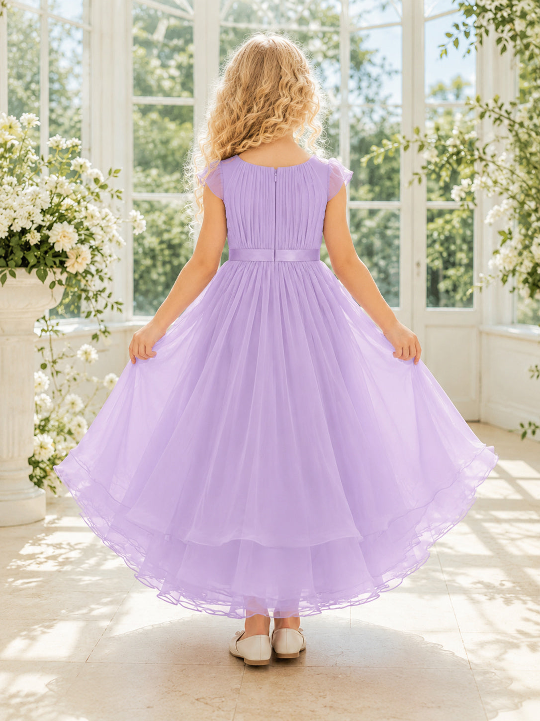 Flower Girl Dress Lavender Tulle A-Line Jewel Tea length Bow Detail back view