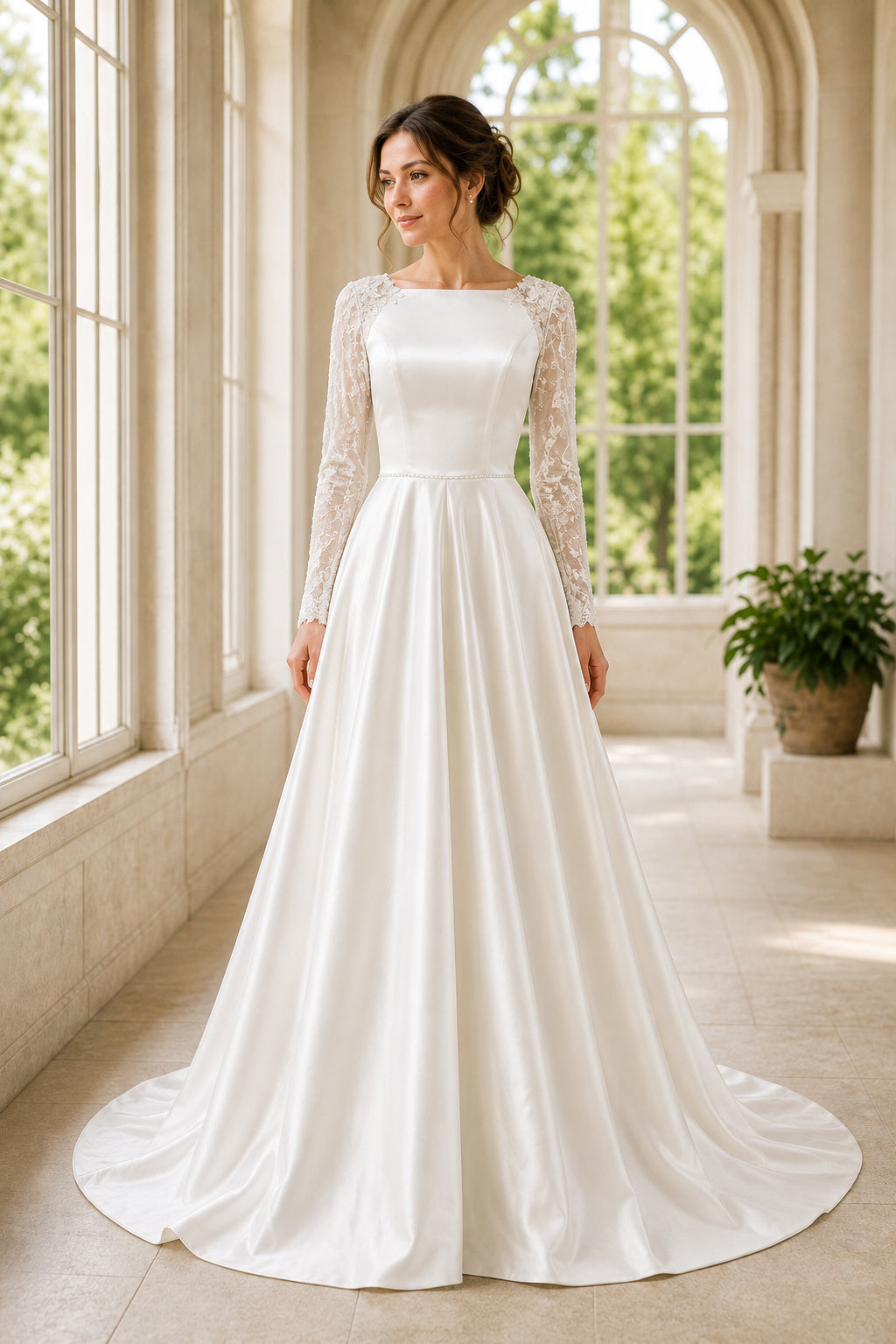 White Square A-Line Chiffon Floor-length Wedding Dress With Beaded Bodice and Pleated Skirt and Open Back