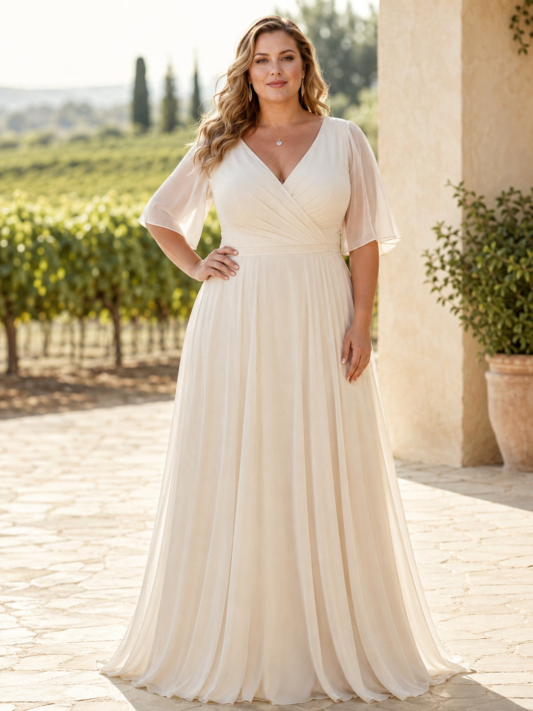 Minimalist Chiffon Wedding Dress A-Line V-Neck Short Sleeve Sweep Train Bridal Gown front view