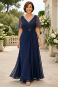 Dark Navy V-Neck A-Line Mother Dress with Flutter Sleeves and Beaded Waist for Evening Reception front view
