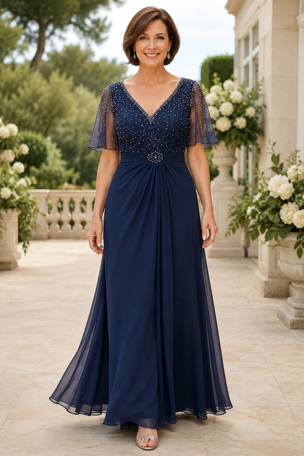 Dark Navy V-Neck A-Line Mother Dress with Flutter Sleeves and Beaded Waist for Evening Reception front view