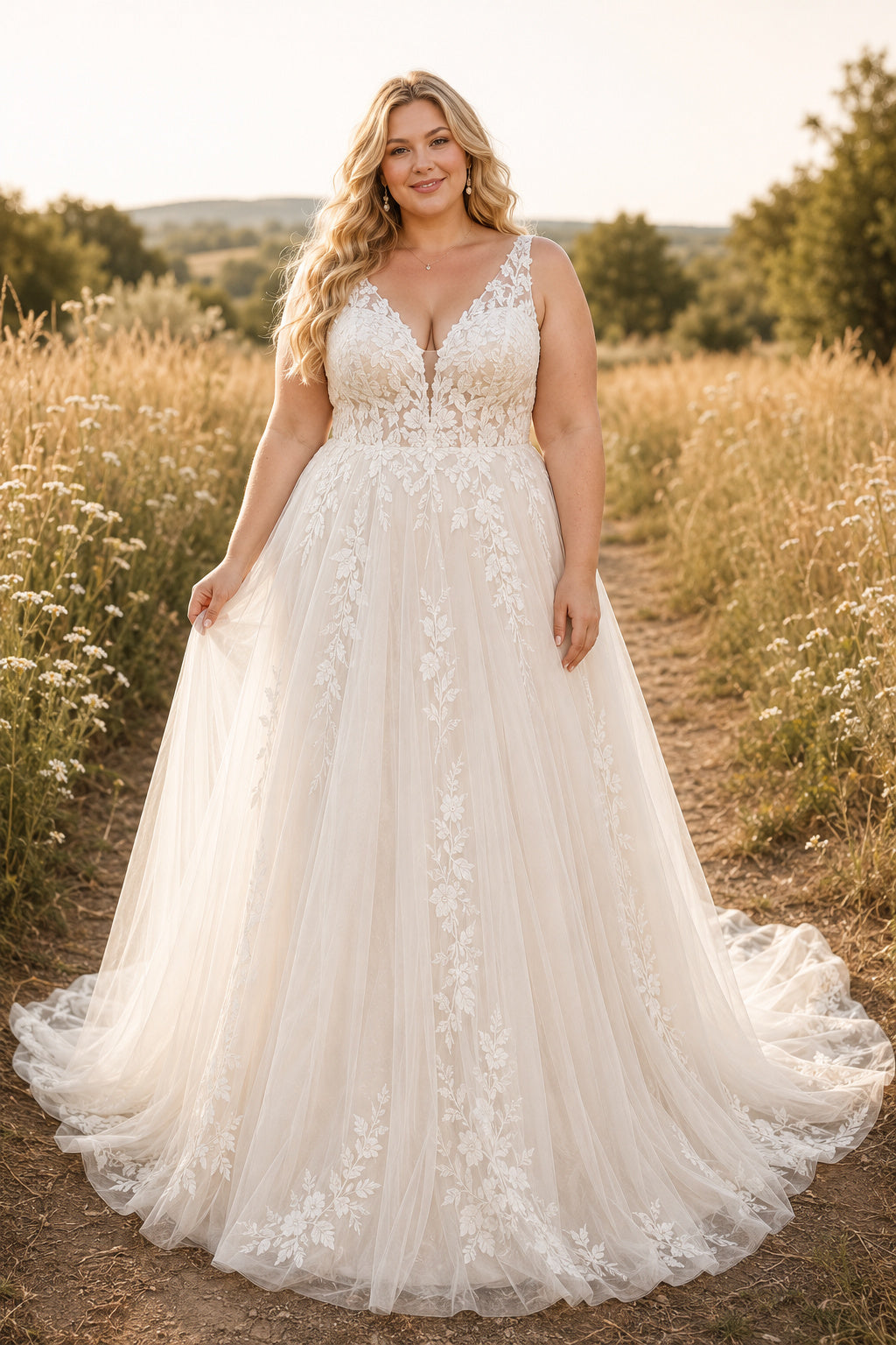 Plus Size Ivory V-Neck Strap Sleeveless Lace Tulle A-Line Wedding Dress with Floral Lace Appliques and Sweep Train front view