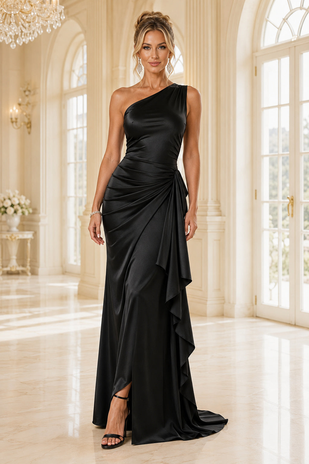 Evening Gown Black Satin Sheath One Shoulder Sleeveless Floor Length front view