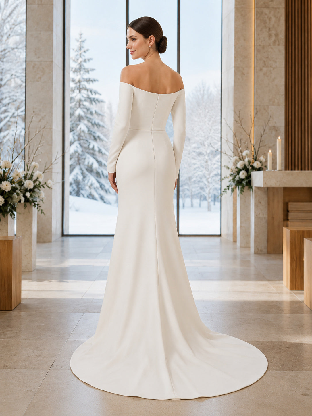 Winter Minimalist Off Shoulder Long Sleeve Sheath Wedding Dress back view