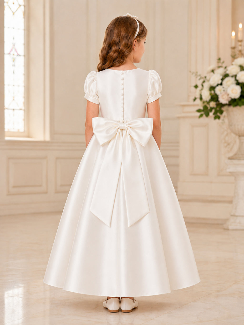 Puff Sleeve Satin Bow Tea Length Communion Flowergirl Church Dress back view