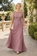 Dusty Rose Chiffon A-Line Mother Dress with Lace Three Quarter Sleeves and Side Drape front view